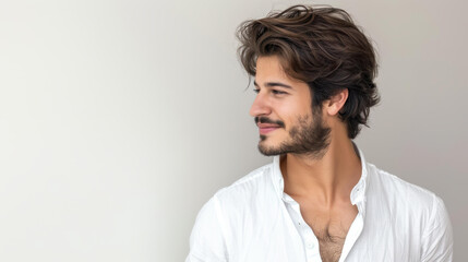 Fototapeta premium A dapper Hispanic man in a relaxed profile, exuding confidence with a natural smile against a clean white backdrop.