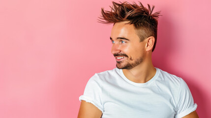 Obraz premium A stylish man with blue eyes in a white tee poses confidently against a pink backdrop, exuding a relaxed vibe.