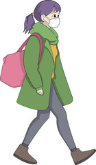 Fototapeta premium Young Woman Walking with Face Mask in Green Coat and Pink Bag Emphasizing Health and Safety Precautions