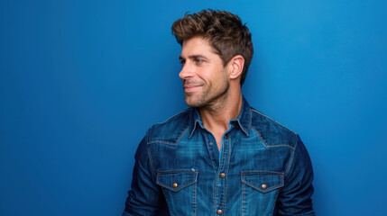Fototapeta premium Confident man in a denim shirt poses against a vibrant yellow backdrop, showcasing a relaxed demeanor and natural smile.