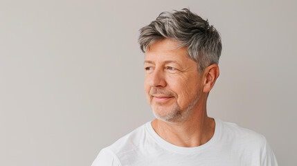 Fototapeta premium Confident middleaged man with grey hair in a casual white tshirt, exuding charm and warmth in a relaxed pose.
