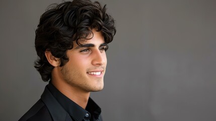 Obraz premium Striking profile of a young man radiating charm, showcasing a confident smile against a sleek grey backdrop.
