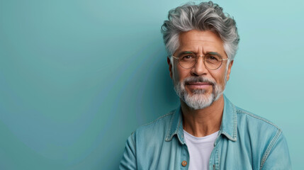 Fototapeta premium A midaged man with a wellgroomed beard and glasses, dressed in casual attire against a light backdrop.