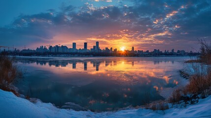 Fototapeta premium A city skyline is reflected in the calm waters of a river at sunrise, with a golden glow illuminating the sky.