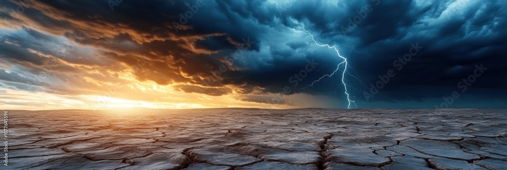 Poster a powerful storm gathers over a dry, cracked desert as the sun sets, creating a striking contrast be