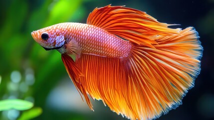 A vibrant orange and pink betta fish with long flowing fins swims against a green background.