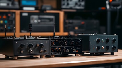 Fototapeta premium Vintage space communication equipment in a dimly lit room, symbolizing the intersection of old technology and new frontiers, where the past meets the future in a quest for knowledge and exploration.