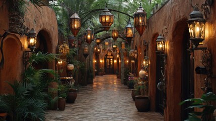 Fototapeta premium Charming Lantern-Lit Pathway in a Lush Garden Oasis