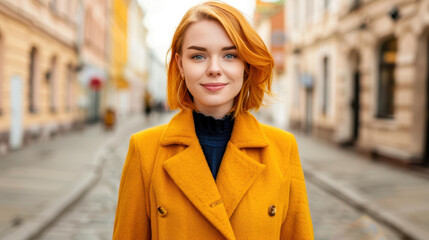 Fototapeta premium A young woman in a chic coat smiles confidently at the camera while standing on a vibrant city street.