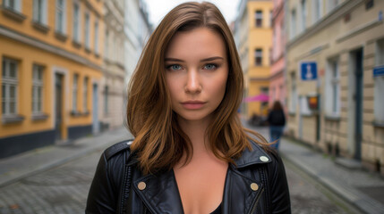 Fototapeta premium A young woman captures a selfie in Berlin, showcasing her style against the vibrant city backdrop. Energy and culture blend