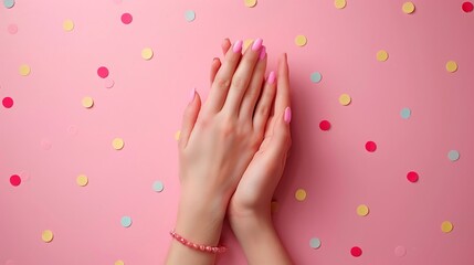 Hands with soft pink nails, polka dot pink background, feminine manicure, cheerful spring-inspired nail art, stylish beauty concept, minimal design, pastel elegance

