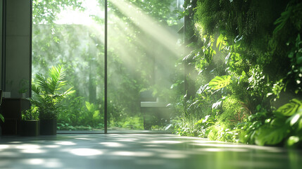 Concept of a green office space, captured with a blurred effect to highlight the serene and peaceful environment cultivated by integrating nature into workspace design.