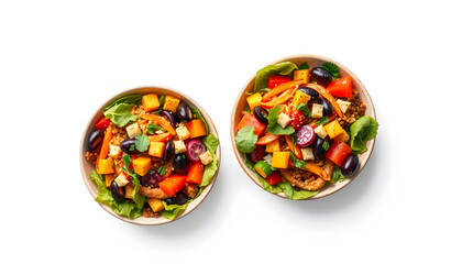 Studio shot of two bowls of colorful vegan salad isolated with white highlights, png