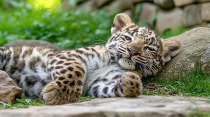 Fototapeta premium A young leopard cub rests peacefully on a bed of green grass with a soft, relaxed expression.