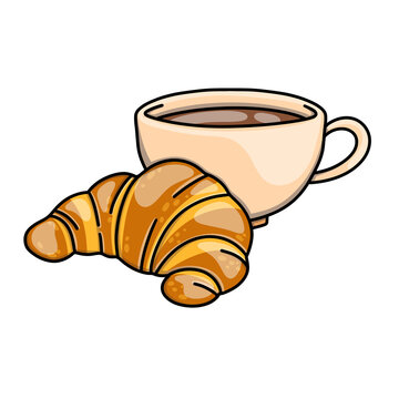 Hot black coffee in a cup and fresh croissant for coffee time