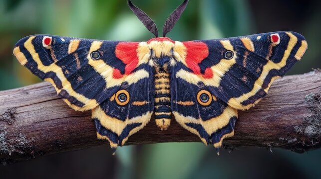 A close-up of a colorful moth with black, yellow, and red patterns on its wings, resting on a branch.