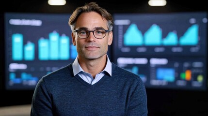 Fototapeta premium Confident Businessman in Front of Data Analytics Display