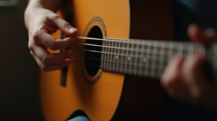 Fototapeta premium Close-up of Hands Skillfully Playing an Acoustic Guitar Indoors in Soft Light