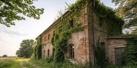 Obraz premium Weathered brick building with overgrown vegetation, old buildings, crumbling walls, ivy wrapped, rusty gates