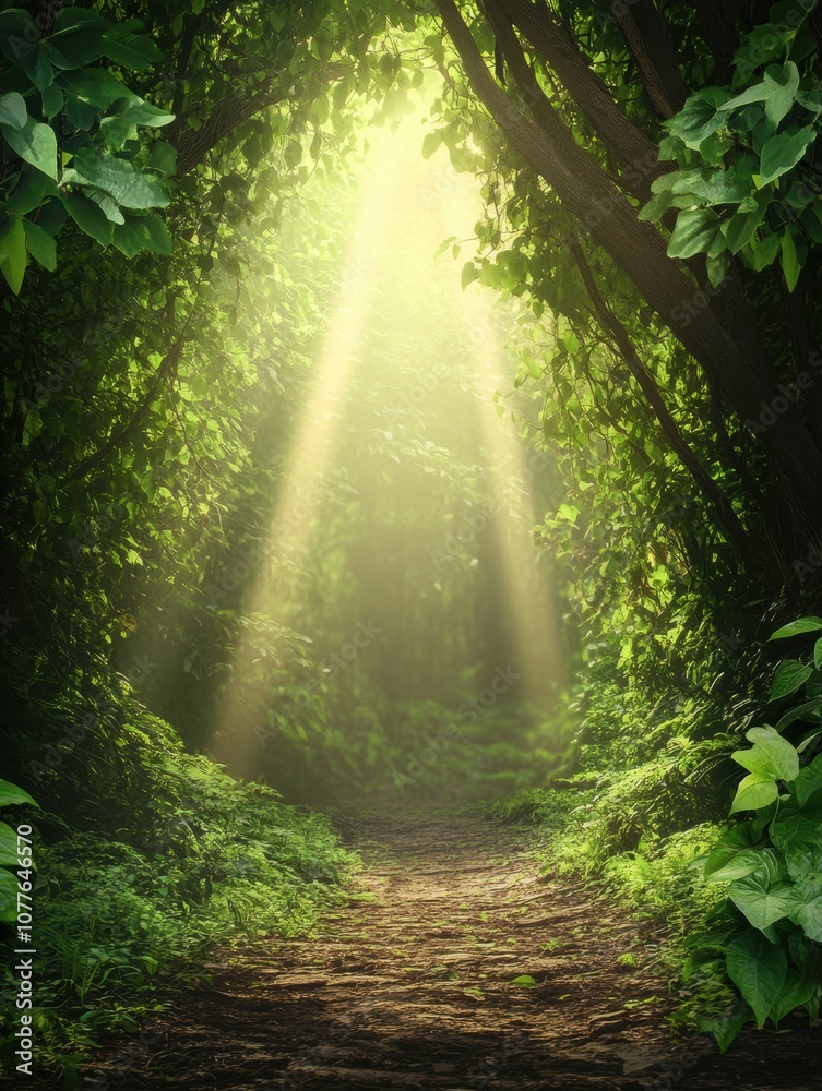Poster Sunlight streams through a canopy of lush greenery, illuminating a serene trail in a tropical forest, inviting exploration. Generative AI