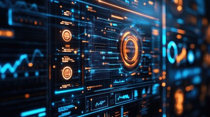 Obraz premium Abstract digital interface with glowing blue and orange elements, showing data and graphs on a black background.
