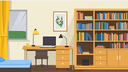 Fototapeta premium Cozy Study Room Interior with Bookshelf and Desk Setup: Organized Space Featuring Favorite Books, Desk Lamp, and Comfortable Bed for Productive Study Sessions