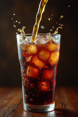 Close-up of Cola Pouring Into a Tall Glass Filled With Ice Cubes at Night