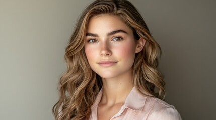 Naklejka premium Elegant Portrait of a Young Woman with Wavy Hair and Natural Beauty