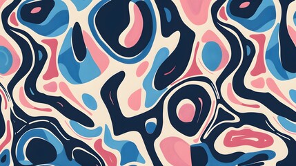 Abstract design featuring flowing shapes and vibrant colors in pink, blue, and navy.