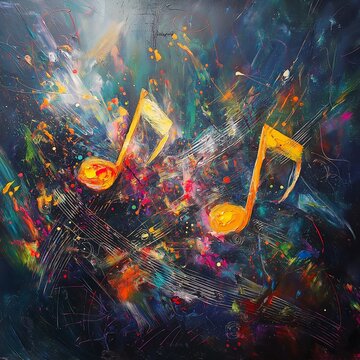 Bright musical notes float across an abstract composition bursting with color, representing dynamic motion and creativity.