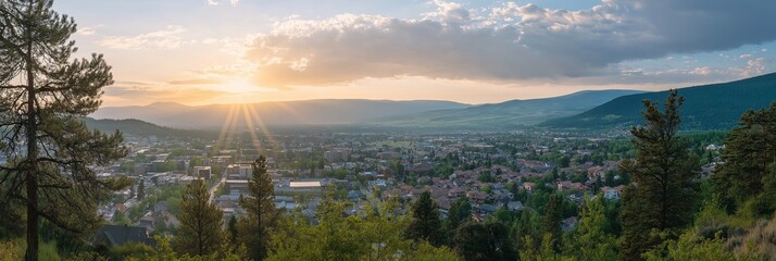 A sprawling cityscape is captured from a high point as the sun sets, casting a golden glow on the horizon and clouds.