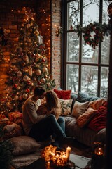 Obraz premium A couple lovingly embraces in a warmly decorated room, enjoying the festive ambiance by their Christmas tree.