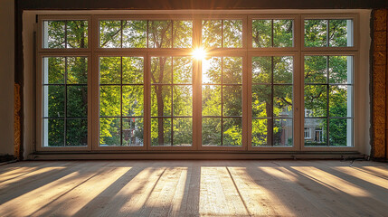 Home refurbishment process on a sunny day, featuring large, modern windows that allow natural light to flood the space. The image captures the essence of home improvement and renovation.