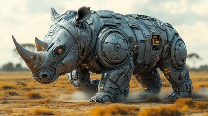 A futuristic robotic rhinoceros in a desert landscape.