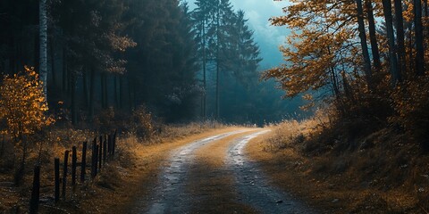 Fototapeta premium Misty Forest Path Leading Through Autumn Woods