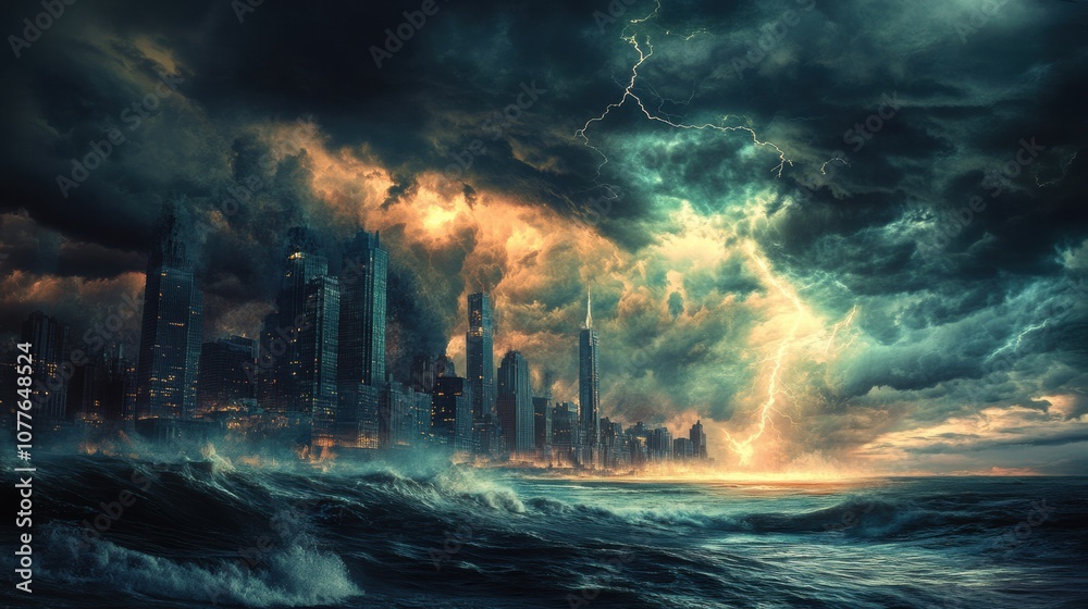 Poster dark clouds gather over a coastal city as a fierce storm brews, bringing turbulent waves and flashes