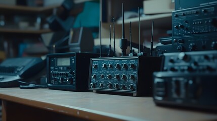 Vintage space communication equipment in a dimly lit room, symbolizing the intersection of old technology and new frontiers, where the past meets the future in a quest for knowledge and exploration.