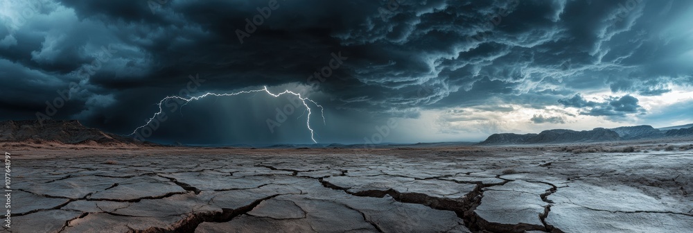 Poster Dark storm clouds gather as lightning strikes across the arid desert, creating an intense atmosphere in the dry landscape. Generative AI