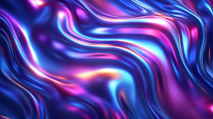 Fototapeta premium Metallic liquid neon color pastel background. Abstract neon texture. Rainbow 3d holographic foil. Wavy glossy surface in blue and purple colors vector illustration.
