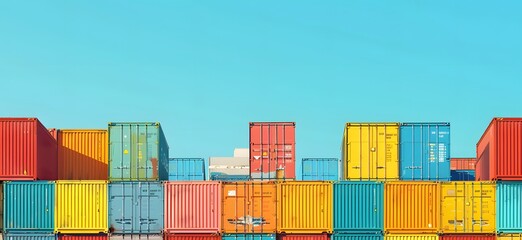 Fototapeta premium A colorful arrangement of shipping containers stacked against a clear blue sky.