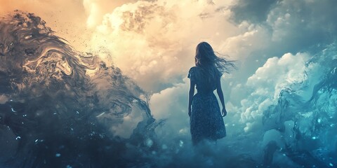 Obraz premium Woman standing in front of abstract cloudscape, fantasy, surrealism