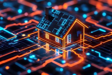 Obraz premium A glowing digital house sits on a circuit board representing smart home technology.