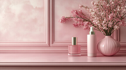Pink tabletop on classic wall panels background. Pink counter top mockup for beauty products presentation. Aesthetic cosmetics shelf podium showcase illustration.