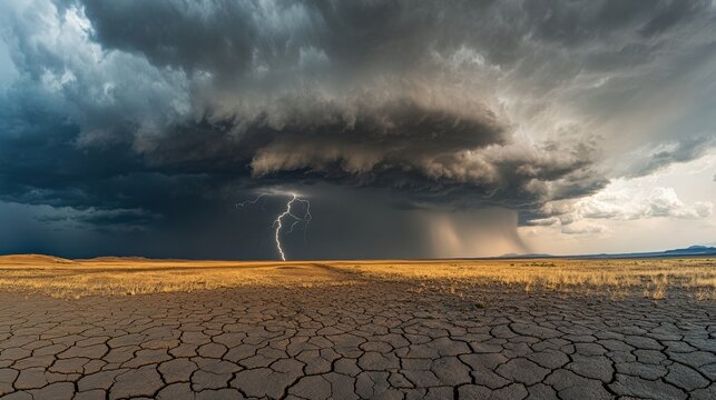 Dark clouds gather ominously above the cracked desert floor as lightning strikes, signaling an approaching storm in the distance. Generative AI