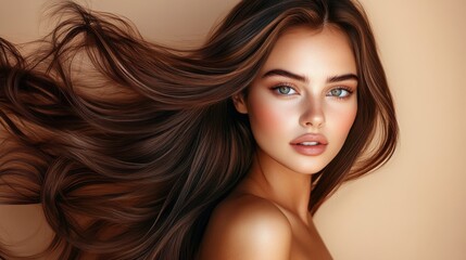 Naklejka premium Captivating Beauty Portrait with Flowing Hair Against Soft Background