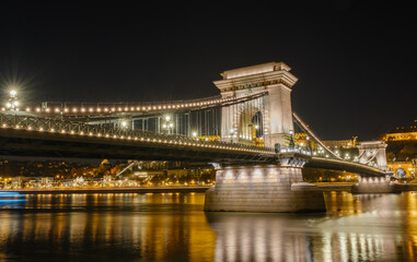 Chain Bridge illuminated at night in Budapest, Hungary