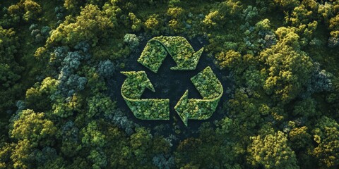 Green Recycling Symbol Formed by Lush Vegetation in Vibrant Forest Landscape Illustrating Sustainability and Environmental Awareness