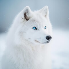 Obraz premium Majestic White Dog with Striking Blue Eyes Against a Snowy Background, Symbolizing Beauty, Wilderness, and the Spirit of Nature in Cold Environments
