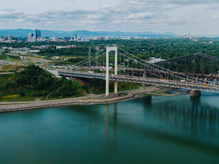 Pierre Laporte Bridge crossing the St Lawrence river, Quebec City, Quebec, Canada.