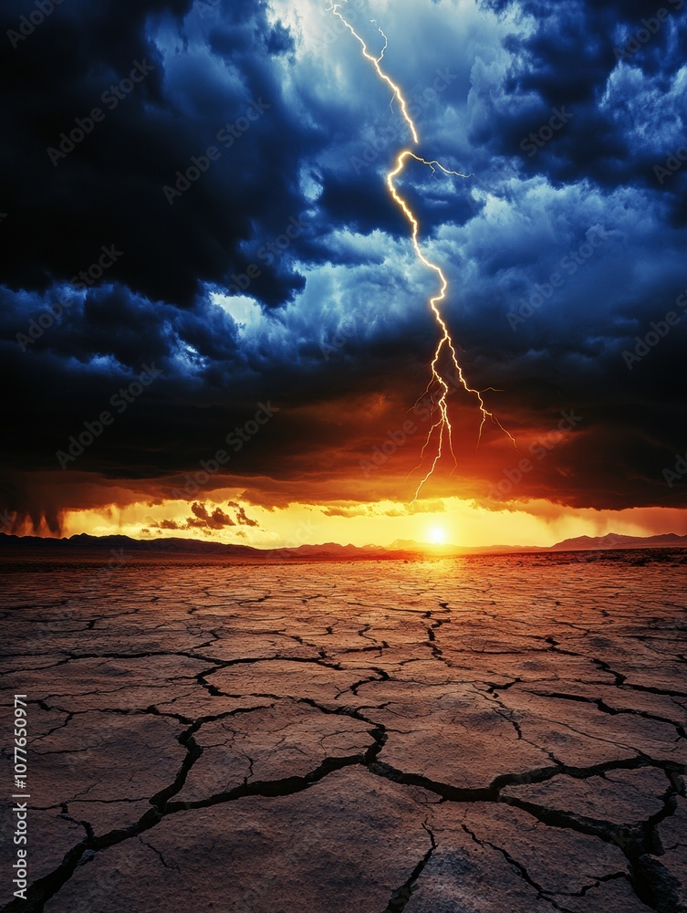 Poster Dark clouds gather ominously over a parched desert, while flashes of lightning illuminate the horizon during a vibrant sunset. Generative AI